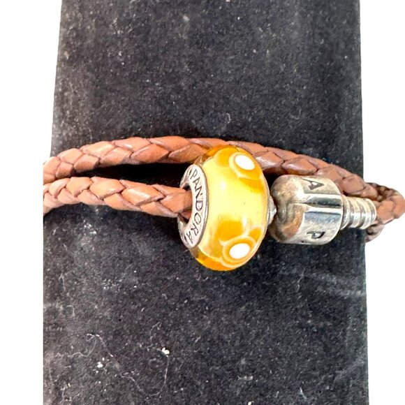 Pandora Jewelry - Pandora Brown Braided Double Leather Bracelet With Yellow Glass Charm Sterling